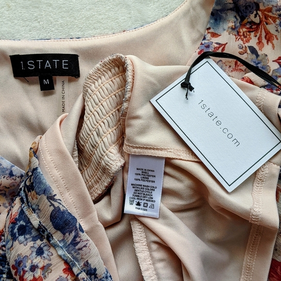 1. State Blouse V-Neck Long Sleeves Sheer Floral Peplum Waist Pink Blues M NWT - Picture 13 of 15